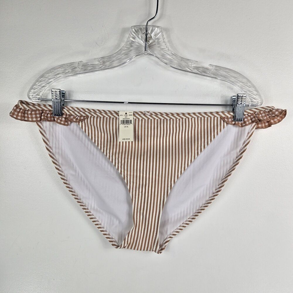 Aerie Women's XL Seersucker Ruffle Bikini Bottom Swim Tan White Stripes NWT